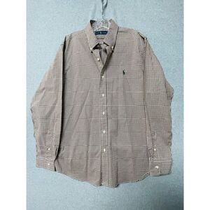 Ralph Lauren Mens Button Down Shirt Large Gingham Check Brown White Long Sleeve